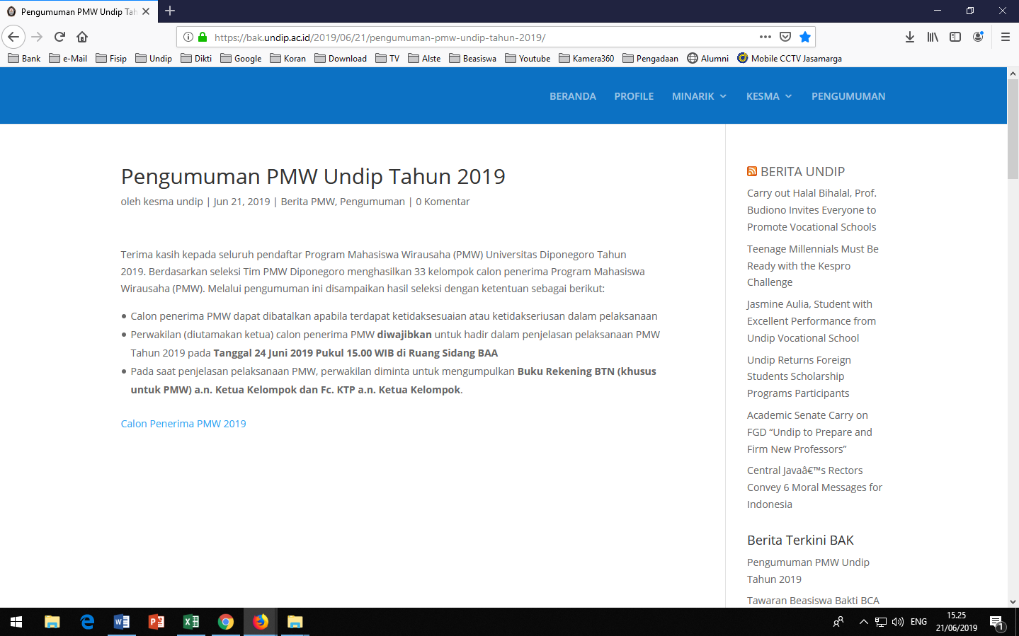 Pengumuman PMW Undip Tahun 2019