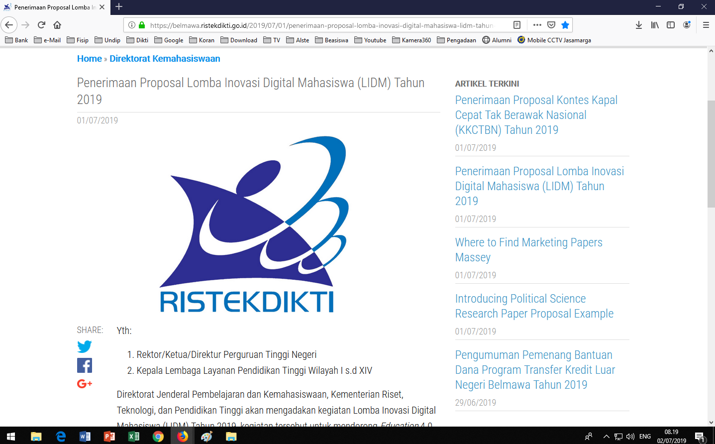Penerimaan Proposal Lomba Inovasi Digital Mahasiswa (LIDM) Tahun 2019