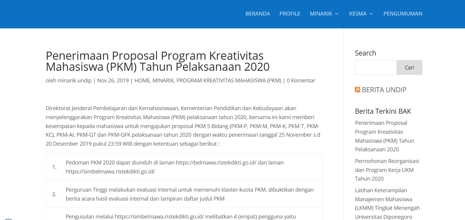 Penerimaan Proposal Program Kreativitas Mahasiswa (PKM) Tahun Pelaksanaan 2020