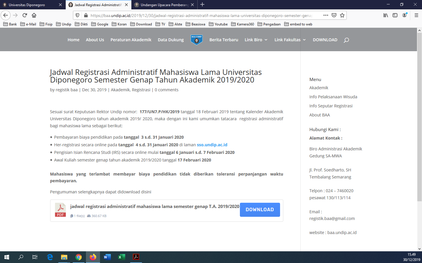 Jadwal Registrasi Administratif Mahasiswa Lama Universitas Diponegoro Semester Genap Tahun Akademik 2019/2020
