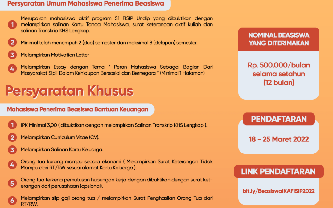 Beasiswa IKA FISIP UNDIP : Deadline 25 Maret 2022